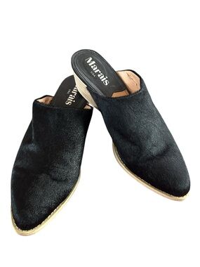 Marais USA | Women’s Black Hair On Hide Pointed Mule Slides Wood Heels Size 8.5